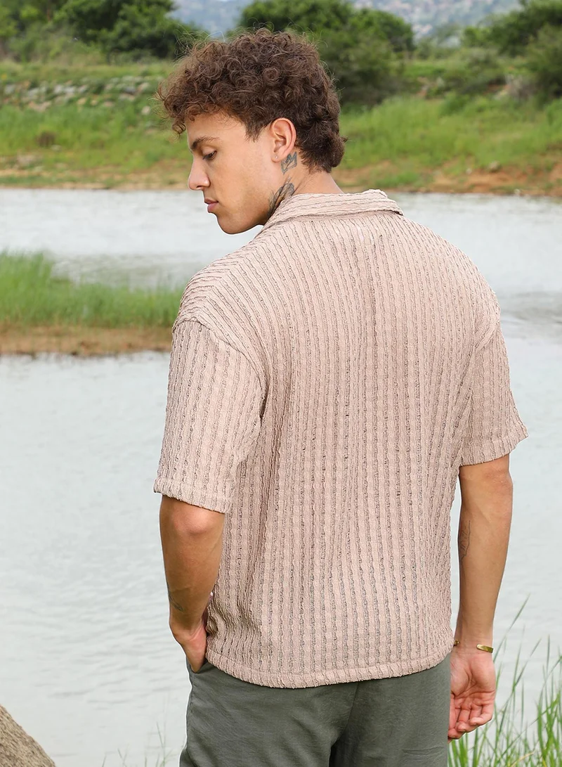 CAHOOT  Men's Peanut Brown Striped Knit Oversized Shirt For Casual Wear | Cuban Collar | Short Sleeve | Button Closure | Oversized Shirt Crafted With Comfort Fit For Everyday Wear for Men | Best Price UAE